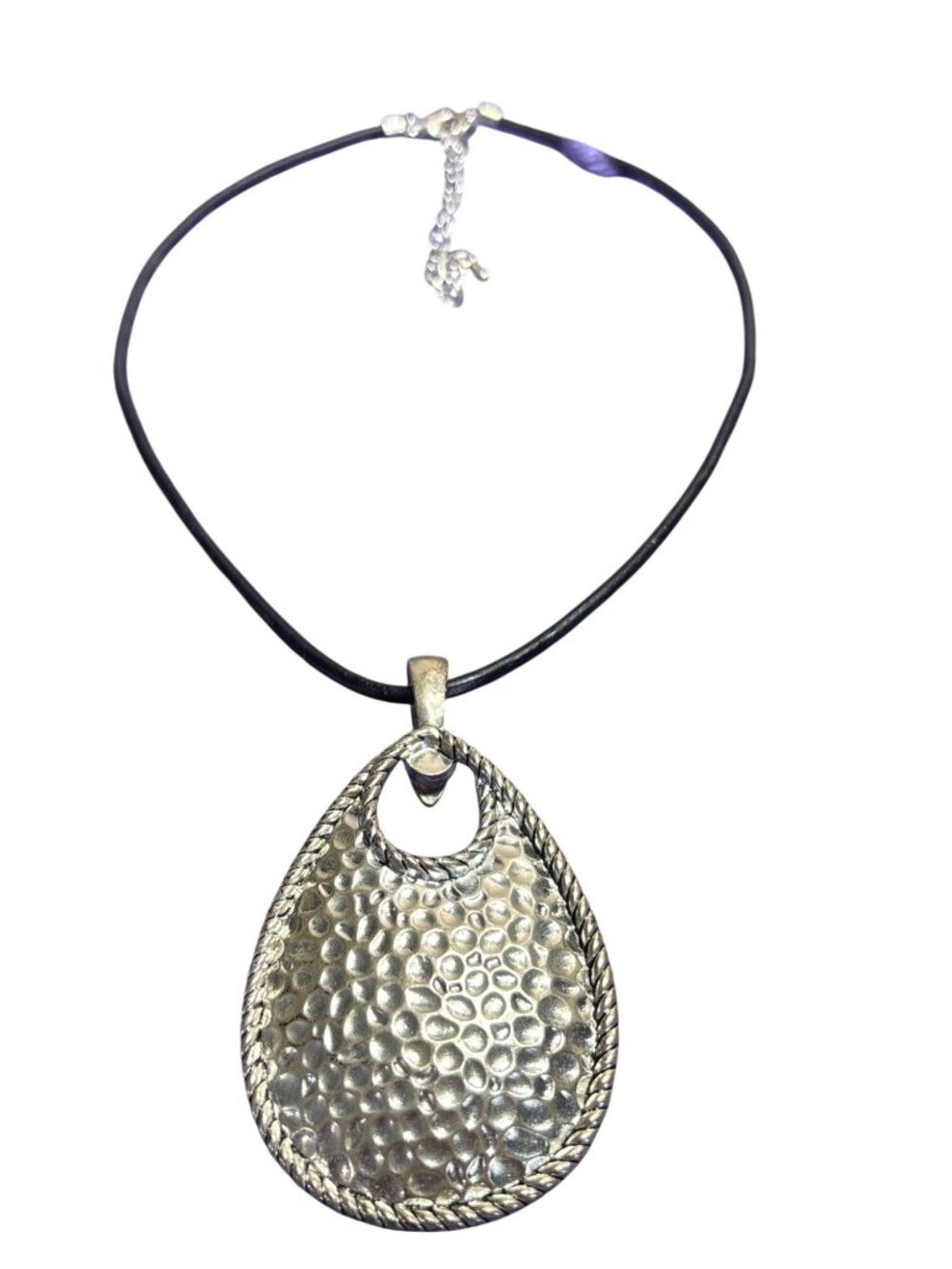 Corded Necklace Hammered Teardrop Pendant Magnetic Bail 16" to 20" 2.5" Pendant